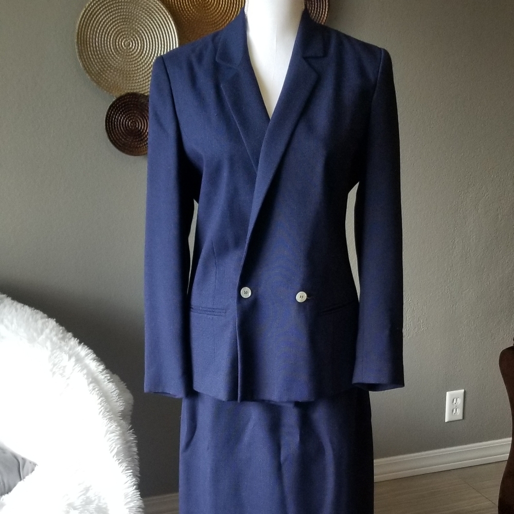 Suits Galore - Navy Blue Wool Skirt Suit